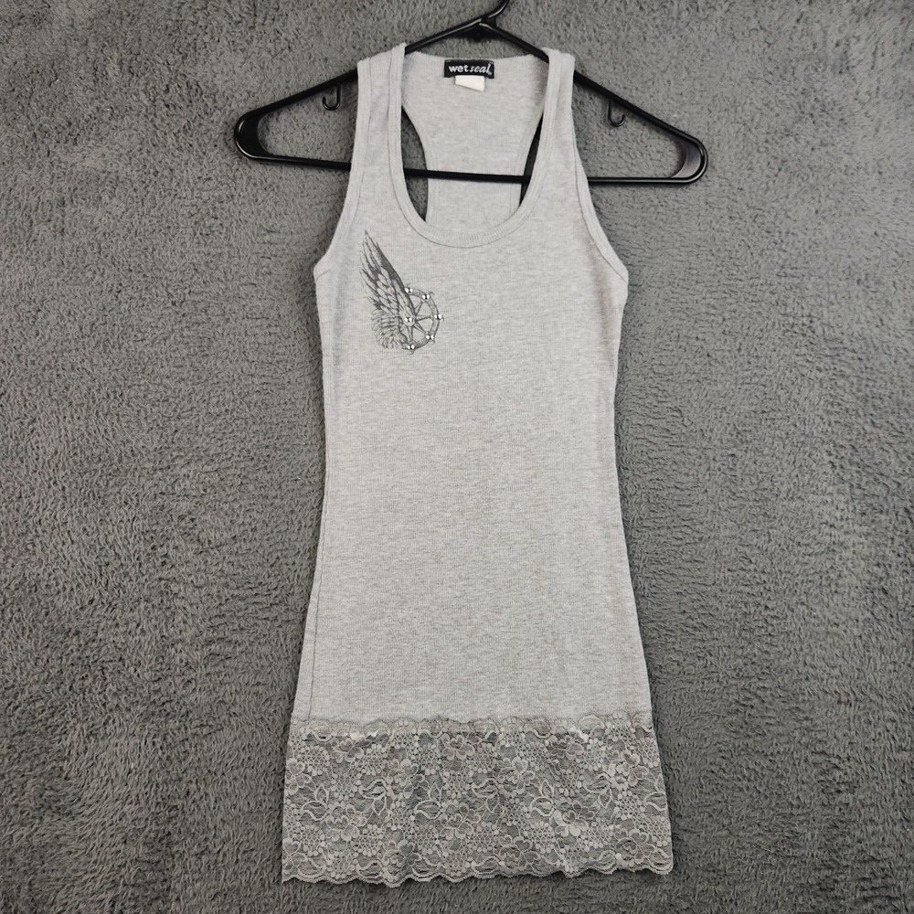 VTG Wet Seal Lace Trim Ribbed Tank Top Medium Angel Wing Back Hit Whimsygoth 90s